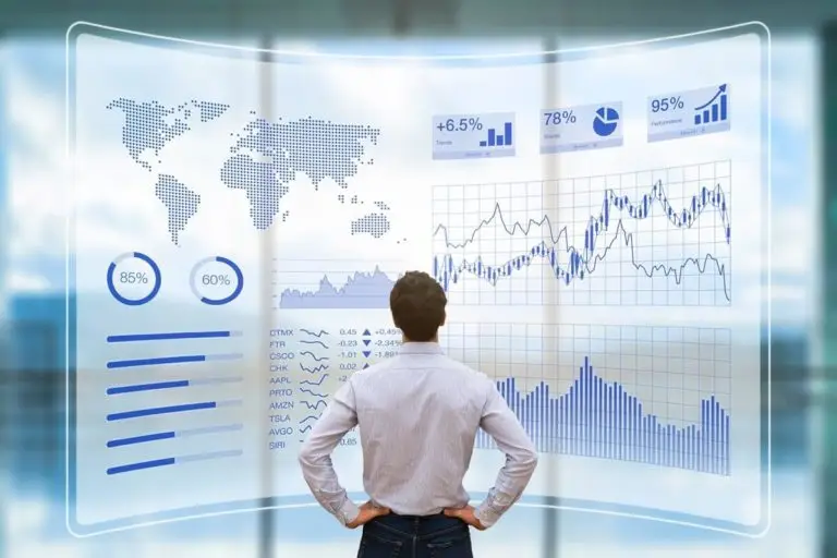 man is standing infront of a graph of percentage