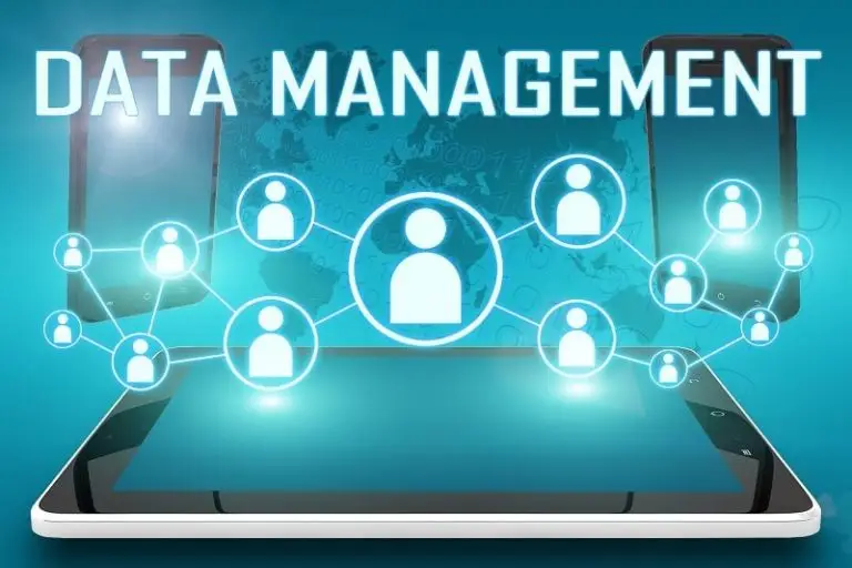 a three phones with logo of user above with header text of data management